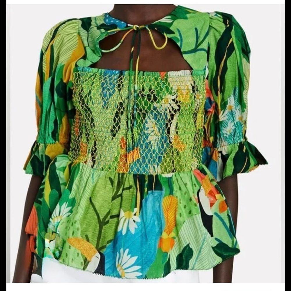 Farm Rio Green Vintage Toucans Smocked Peplum cotton Top S